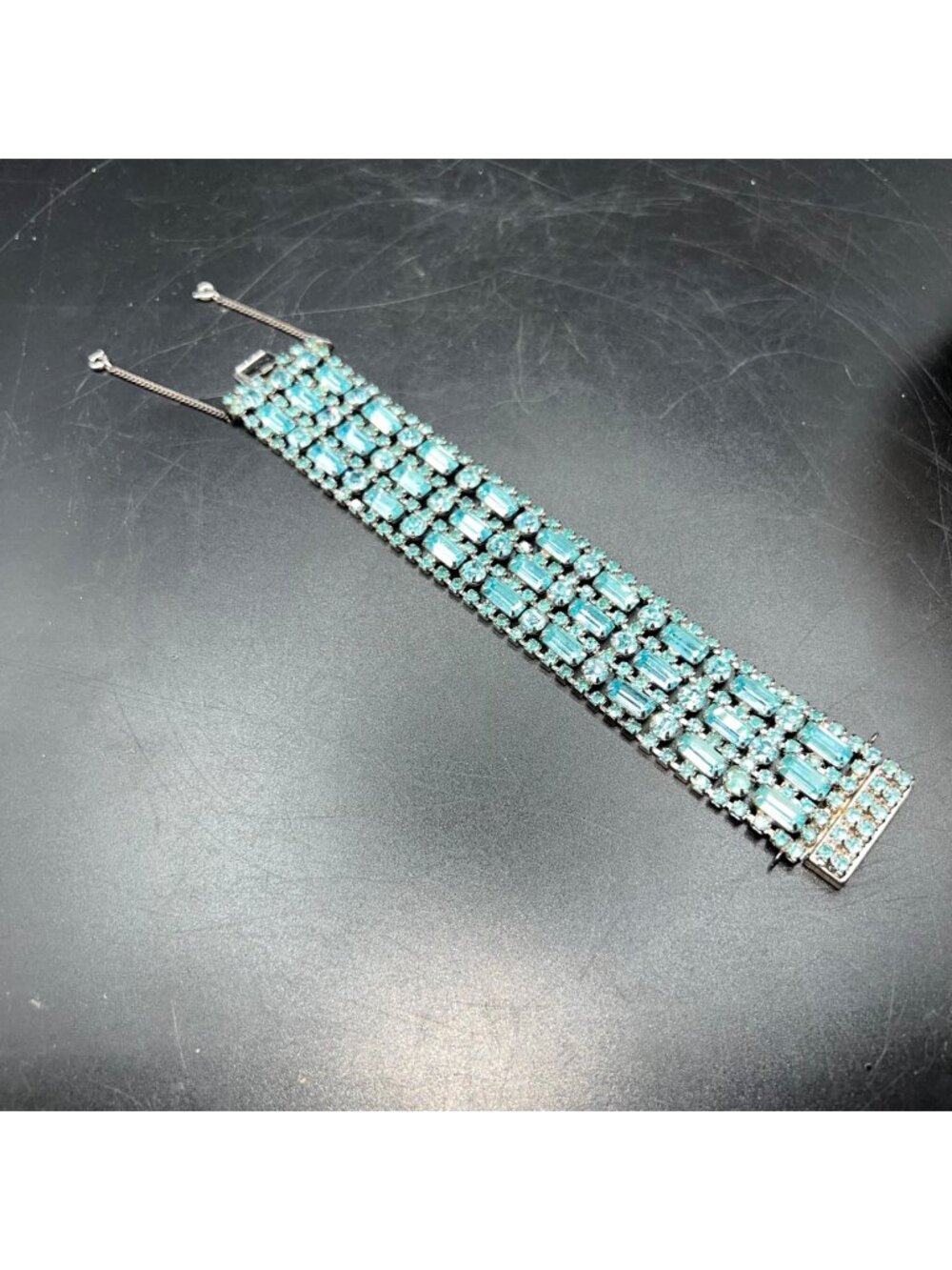 Vintage Rhinestone Bracelet Aqua Blue Clear Stones 1/20 12K Wide Statement Piece